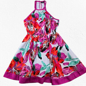 Bebe Floral Halter Fit & Flare Dress Pink Red Party Evening Dress Size Small
